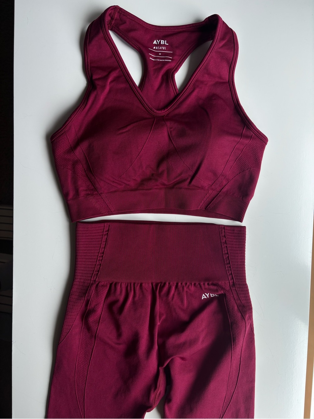 AYBL Workout Set Seamless Leggings and Sports Bra Deep Burgundy Size Medium